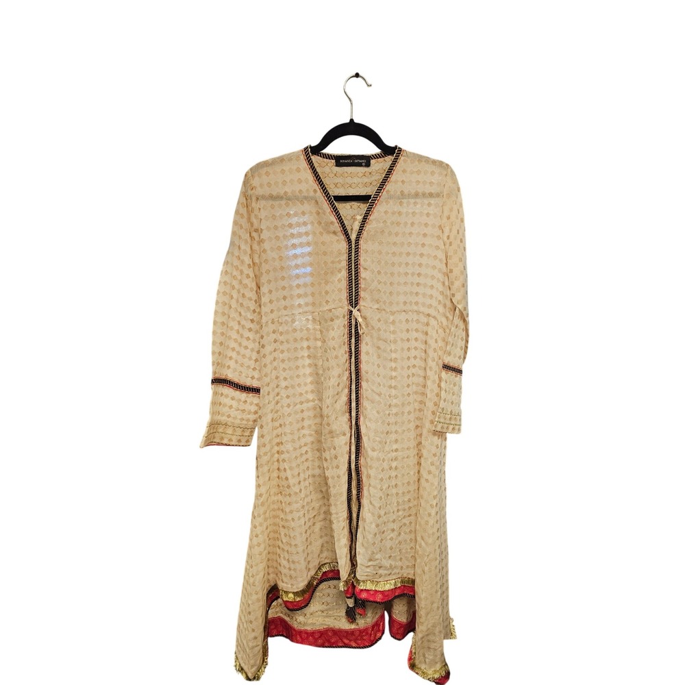 Bonanza Satrangi Beige Geometric Kurta Tunic Gold Trim Longline komoto Size 10